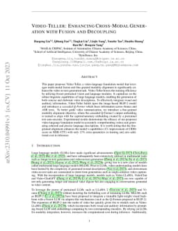 Video-Teller: Enhancing Cross-Modal Generation with Fusion and
  Decoupling