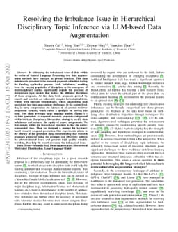 Resolving the Imbalance Issue in Hierarchical Disciplinary Topic
  Inference via LLM-based Data Augmentation