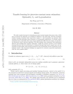 Transfer learning for piecewise-constant mean estimation: Optimality,
  $\ell_1$- and $\ell_0$-penalisation