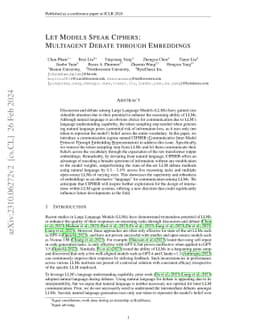 Let Models Speak Ciphers: Multiagent Debate through Embeddings