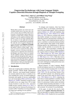 Empowering Psychotherapy with Large Language Models: Cognitive
  Distortion Detection through Diagnosis of Thought Prompting