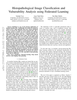 Histopathological Image Classification and Vulnerability Analysis using
  Federated Learning