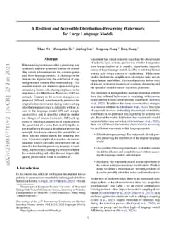 A Resilient and Accessible Distribution-Preserving Watermark for Large
  Language Models