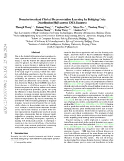 Domain-invariant Clinical Representation Learning by Bridging Data Distribution Shift across EMR Datasets