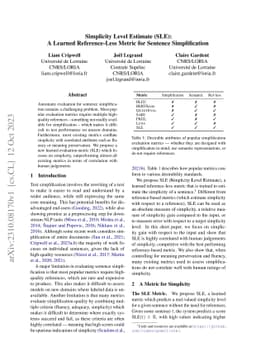 Simplicity Level Estimate (SLE): A Learned Reference-Less Metric for
  Sentence Simplification