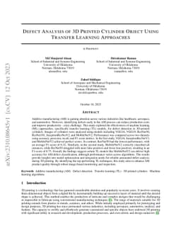 Defect Analysis of 3D Printed Cylinder Object Using Transfer Learning
  Approaches