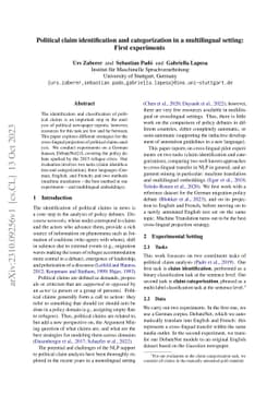 Political claim identification and categorization in a multilingual
  setting: First experiments