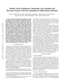 MoEmo Vision Transformer: Integrating Cross-Attention and Movement
  Vectors in 3D Pose Estimation for HRI Emotion Detection