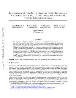 Improving Access to Justice for the Indian Population: A Benchmark for
  Evaluating Translation of Legal Text to Indian Languages