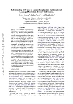 Reformulating NLP tasks to Capture Longitudinal Manifestation of
  Language Disorders in People with Dementia