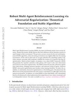 Robust Multi-Agent Reinforcement Learning via Adversarial
  Regularization: Theoretical Foundation and Stable Algorithms