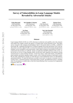 Survey of Vulnerabilities in Large Language Models Revealed by
  Adversarial Attacks
