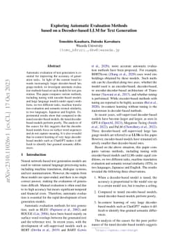 Exploring Automatic Evaluation Methods based on a Decoder-based LLM for
  Text Generation