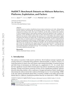 MalDICT: Benchmark Datasets on Malware Behaviors, Platforms,
  Exploitation, and Packers