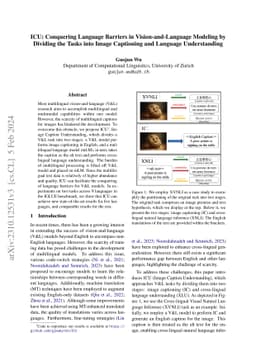 ICU: Conquering Language Barriers in Vision-and-Language Modeling by
  Dividing the Tasks into Image Captioning and Language Understanding
