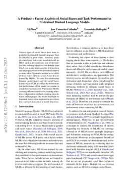 A Predictive Factor Analysis of Social Biases and Task-Performance in
  Pretrained Masked Language Models