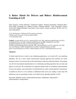 A Better Match for Drivers and Riders: Reinforcement Learning at Lyft