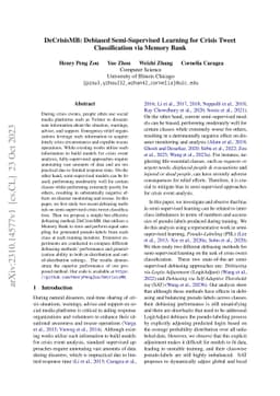 DeCrisisMB: Debiased Semi-Supervised Learning for Crisis Tweet
  Classification via Memory Bank
