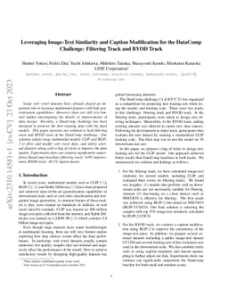 Leveraging Image-Text Similarity and Caption Modification for the
  DataComp Challenge: Filtering Track and BYOD Track