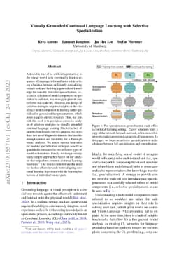 Visually Grounded Continual Language Learning with Selective
  Specialization