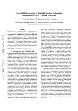 Controllable Generation of Artificial Speaker Embeddings through
  Discovery of Principal Directions