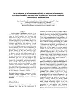 Early detection of inflammatory arthritis to improve referrals using
  multimodal machine learning from blood testing, semi-structured and
  unstructured patient records
