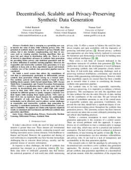 Decentralised, Scalable and Privacy-Preserving Synthetic Data Generation
