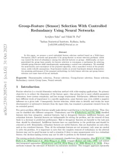 Group-Feature (Sensor) Selection With Controlled Redundancy Using Neural
  Networks