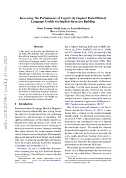 Increasing The Performance of Cognitively Inspired Data-Efficient
  Language Models via Implicit Structure Building