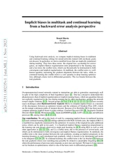 Implicit biases in multitask and continual learning from a backward
  error analysis perspective