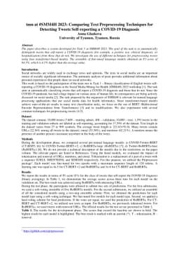 tmn at #SMM4H 2023: Comparing Text Preprocessing Techniques for
  Detecting Tweets Self-reporting a COVID-19 Diagnosis