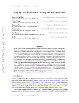 State-Wise Safe Reinforcement Learning With Pixel Observations