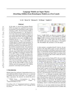 Language Models are Super Mario: Absorbing Abilities from Homologous
  Models as a Free Lunch