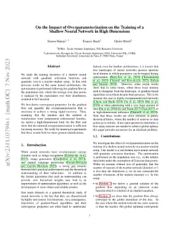 On the Impact of Overparameterization on the Training of a Shallow
  Neural Network in High Dimensions