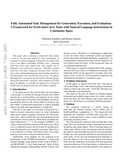 Fully Automated Task Management for Generation, Execution, and
  Evaluation: A Framework for Fetch-and-Carry Tasks with Natural Language
  Instructions in Continuous Space