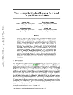 Class-Incremental Continual Learning for General Purpose Healthcare
  Models