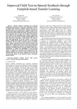Improved Child Text-to-Speech Synthesis through Fastpitch-based Transfer
  Learning