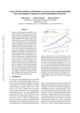 Large GPT-like Models are Bad Babies: A Closer Look at the Relationship
  between Linguistic Competence and Psycholinguistic Measures