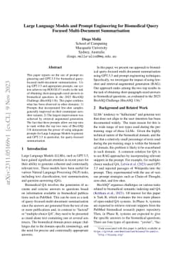 Large Language Models and Prompt Engineering for Biomedical Query
  Focused Multi-Document Summarisation
