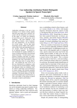 Can Authorship Attribution Models Distinguish Speakers in Speech
  Transcripts?