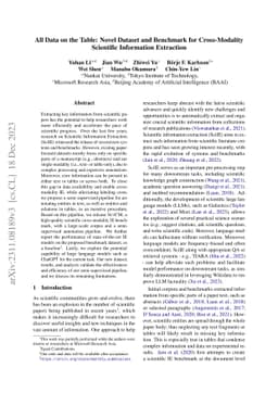 All Data on the Table: Novel Dataset and Benchmark for Cross-Modality
  Scientific Information Extraction