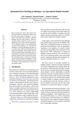 Automated Fact-Checking in Dialogue: Are Specialized Models Needed?