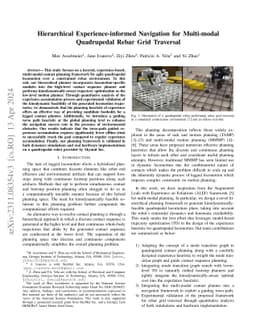 Hierarchical Experience-informed Navigation for Multi-modal Quadrupedal
  Rebar Grid Traversal