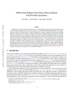 Offline Data Enhanced On-Policy Policy Gradient with Provable Guarantees