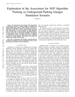 Exploration of the Assessment for AVP Algorithm Training in Underground
  Parking Garages Simulation Scenario