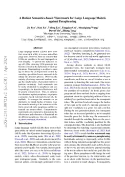 A Robust Semantics-based Watermark for Large Language Model against
  Paraphrasing