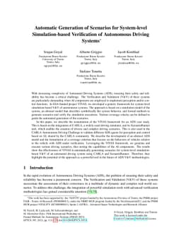 Automatic Generation of Scenarios for System-level Simulation-based
  Verification of Autonomous Driving Systems
