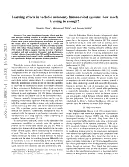 Learning effects in variable autonomy human-robot systems: how much
  training is enough?