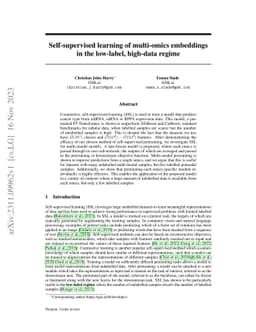 Self-supervised learning of multi-omics embeddings in the low-label,
  high-data regime