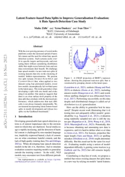 Latent Feature-based Data Splits to Improve Generalisation Evaluation: A
  Hate Speech Detection Case Study